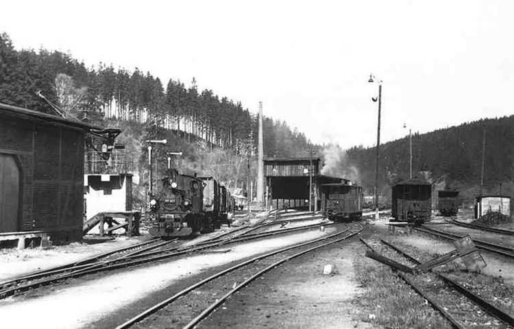 Am 14. 5. 1969 rangiert die 99 601 in der Rollwagengrube des Bahnhofs Schönheide Süd. Foto: G. Meyer