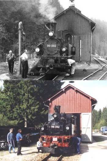Und hier das aktuelle Suchbild des Monats! Finden Sie den Unterschied. Lokschuppen Carlsfeld 1967 und 2003. Fotos: Günter Meyer / Thomas Georgi